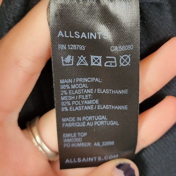 All Saints sheer black Emile long sleeve mesh detail top - Picture 6 of 8